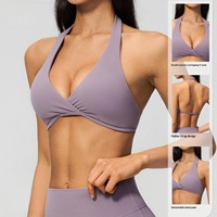 Soutien-gorge de sport côtelé pour femme, col halter en V torsadé, avec coussinets amovibles, idéal pour la gym, l'entraînement et le fitness