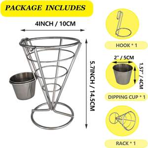 Support à frites, panier conique en acier inoxydable pour cornets de glace, présentoir alimentaire, support à chips avec ensemble de coupelles à sauce - Product Image 4