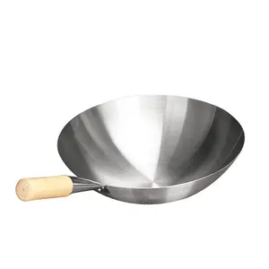 With Wooden Handle Round Bottom Large 304 Stainless Steel Wok Pan Commercial