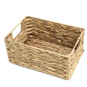 Natural Material Handmade Square Storage Rattan Bin Basket Water Hyacinth Storage Basket With Durable Handle