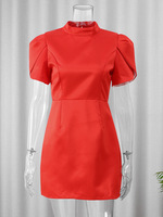 Robe de soirée élégante pour femme, rouge, coupe trapèze, mini, à manches courtes, taille haute, avec nœud en satin tissé, robe rouge tendance avec nœud