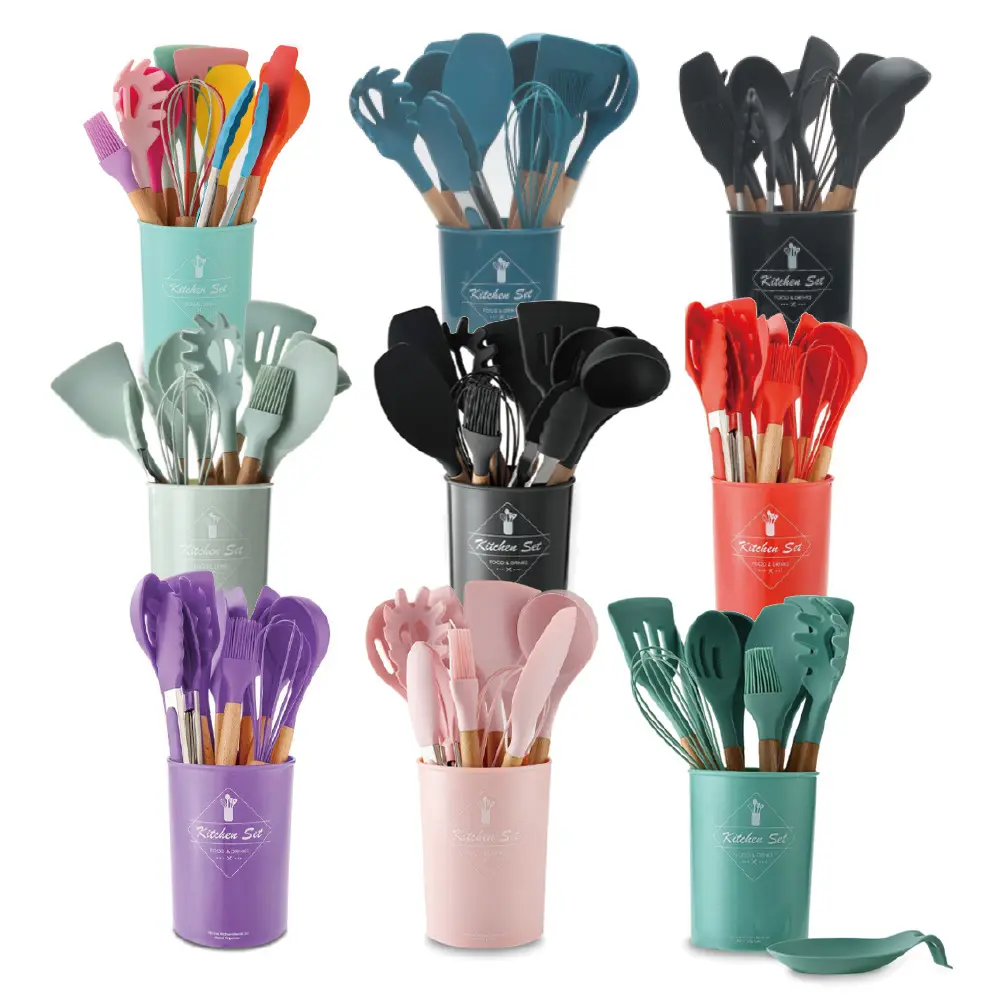 Multi-Color 12Pcs Silicone Spatula Wooden Handles Laddle Heat Resistant Non Toxic Kitchen Cooking Utensil Set