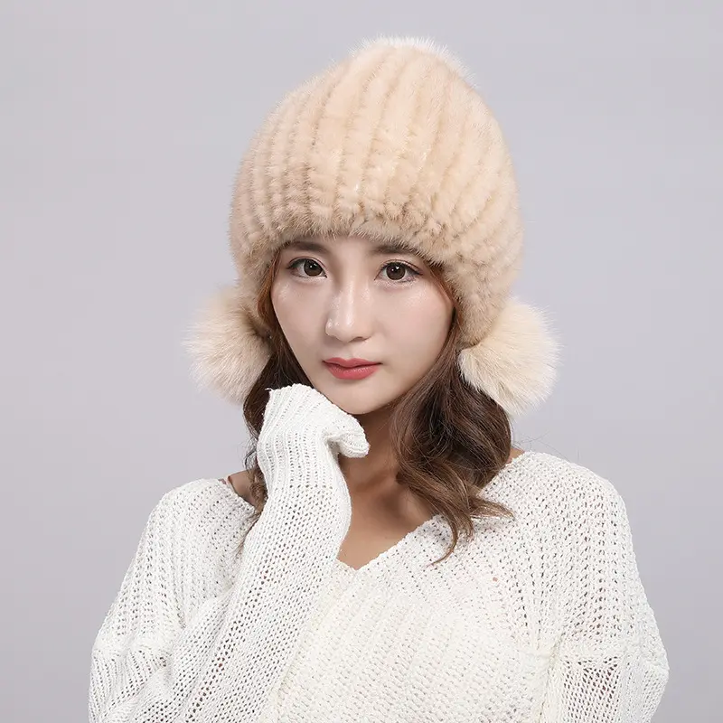 Winter Real Mink Fur Hat For Women Fox Fur Pompom Ear protect Caps Warm Lined Knitted Fur Beanie Hat