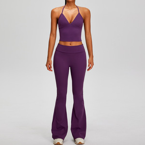 Ensemble de yoga 2 pièces pour femme, style européen et américain, effet seconde peau, séchage rapide, en Spandex/Nylon, couleur unie, coupe ajustée, longueur intégrale, pour le fitness - Product Image 2