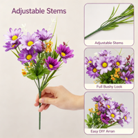 Bouquet de marguerites artificielles violettes, tige de fleur en soie artificielle avec feuilles vertes, décoration de table pour la maison, les mariages et les fêtes