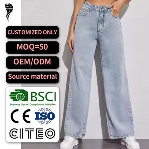 Jean évasé taille haute élégant pour femme, en denim uni déchiré, respirant, pour un style décontracté quotidien et urbain, coupe large, style High Street - Product Image 1