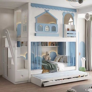 Letto a Castello Multifunzionale per Bambini con Scivolo, Scale con Vano Contenitore, Letto Estraibile, Cassetti e Libreria, Bianco Azzurro per Ragazzi e Ragazze - Product Image 5