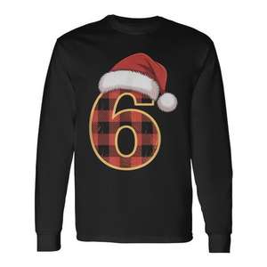 Number 6 <b>Christmas</b> Plaid Santa Hat Long Sleeve T-Shirt Matching Xmas <b>Pjs</b> - Product Image 1