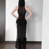 Robe gothique noire transparente sexy pour femmes avec col à capuche sans manches, costume érotique, tenue de festival EDM, tenue de rave