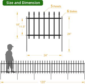 Clôture de jardin en métal FOREHOGAR 18 H x 10 pi L avec 5 panneaux et 6 piquets, noire, imperméable, surface lisse, garantie 1 an - Product Image 4
