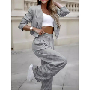 Ensemble de costume rayé pour femme, blazer gris à fines rayures et pantalon large, tailles S M L XL XXL, tenue décontractée pour le bureau - Product Image 5