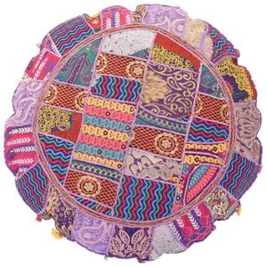 Coussin de sol ethnique de style indien, coussin de sol traditionnel indien Khambadiya en patchwork de coton avec pompons - Product Image 2
