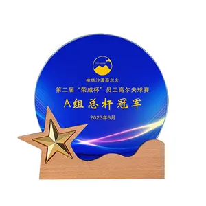 Premio de placa de cristal en blanco con premios de trofeo de estrella con base de madera