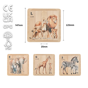 Runwood Puzzle in Legno 4 in 1 con Animali, Blocchi di Puzzle in Legno Massiccio a 4 Lati, Animali della Savana, Giocattoli Educativi Montessori - Product Image 1