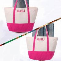 Bolsa de lona grande para almacenamiento de Mah Jongg, color crema y rosa, con bordado MAHJ, 25.19 x 14.17 pulgadas