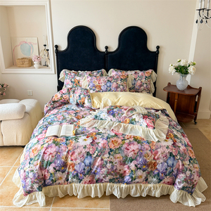 Parure de lit 4 pièces personnalisable en coton lavé imprimé floral, en polyester, <span class=keywords><strong>facile</strong></span> d'entretien, lavable, douce, toutes saisons - Product Image 1