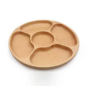 Round Bamboo Divided Serving Tray 5 Compartments Party Platter For Snack Appetizer Nuts Fruits Crackers