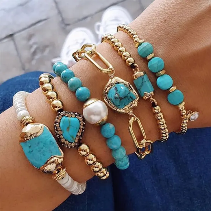 BD-E1689 Hot sale turquoise bracelet gemstone bracelet with pearl beads chain high quality natural stone jewelry