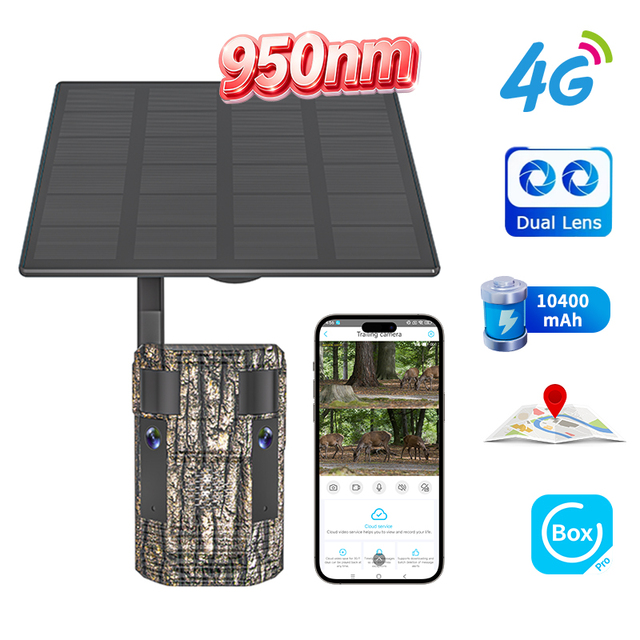 OEM 6MP 4G Dual Lens Trail Camera 950nm Led 4G UBOX 4G 10400mAh Battery Solar Camera UCON Hunting Wildlife Camera