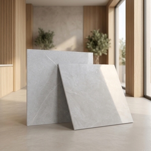 Gạch men bóng mài cao cấp 600x600mm, chống mài mòn, màu xám sáng, dùng lát nền cho sảnh khách sạn và biệt thự sang trọng — ảnh 1