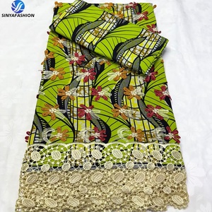 Sinya Luxe 3 Yards 100% Coton Ciré avec Applique 3D <span class=keywords><strong>Dentelle</strong></span> Guipure Cordon Assorti 2 Yards Tissu Imprimés Cire Africains <span class=keywords><strong>Pagne</strong></span> - Product Image 5