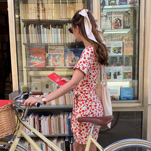 Phụ Nữ Của Màu Đỏ Ditsy Hoa O Cổ Ngắn Tay Áo Mùa Hè Giản Dị Đảng Dress <span class=keywords><strong>Parisian</strong></span> Chic Được Trang Bị Mini Bên Tie Bọc Ngọt Ngào Tự Nhiên - Product Image 2