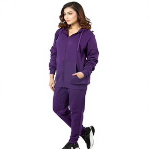 <b>Women's</b> Eco-Friendly 100% Cotton <b>Purple</b> Fleece Hooded <b>Tracksuit</b> 2-Piece Set Full-Length Casual Sportswear Regular Fit Solid - Product Image 4