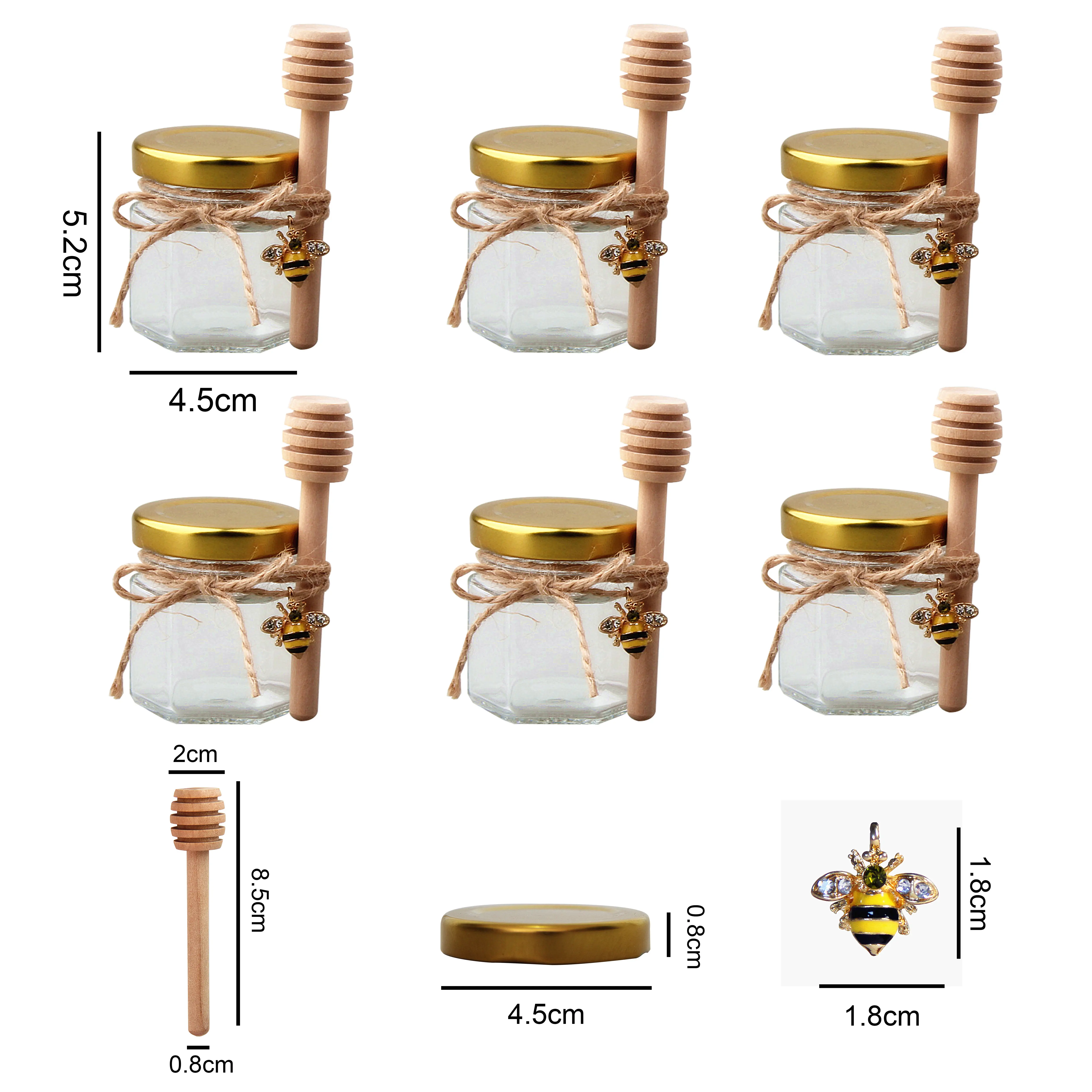 Mini botella de miel Hexagonal personalizable, tarro de vidrio de mermelada con tapa de lata dorada para decoración de cocina, gran oferta, 2022