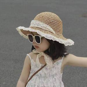 Xi Boyu Sombrero de paja para niños, color beige, con encaje, protección solar, sombrero de playa de verano para niñas de 1 a 6 años - Product Image 3