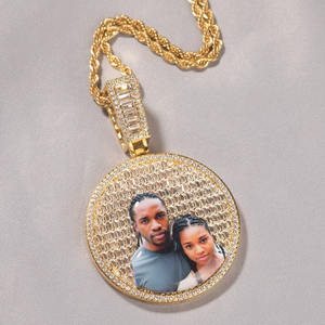 Pendentif en pierre avec médaillon photo personnalisé Hip-Hop avec zircon baguette, breloques en cristal, chaînes en <span class=keywords><strong>or</strong></span> plaqué, fournitures pour la fabrication de bijoux - Product Image 1