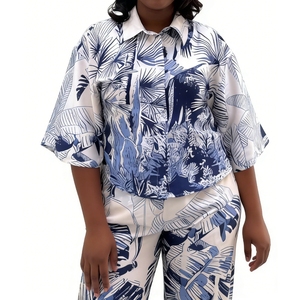 Women's Tropical Print 2 Piece Set - 3/4 Sleeve Button <b>Down</b> Shirt & Wide Leg <b>Pants</b> African Women Sets Fashion - Product Image 4