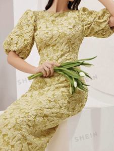 Tejido 100% poliéster dimensional elástico Jacquard <span class=keywords><strong>tela</strong></span> textil para hacer mujeres Puff manga cuello redondo vestido ropa - Product Image 2