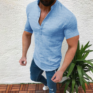 Nuovi Uomini di Estate del Cotone di Modo di <span class=keywords><strong>Lino</strong></span> Camicia Button-down Manica Corta Collare Del Mandarino Vestiti di Colore Solido Casuale Top - Product Image 6