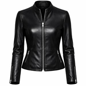 Blouson moto noir en cuir véritable brodé extensible pour femme, manches longues, col montant, fermeture éclair, coupe ajustée, idéal pour l'automne - Product Image 1