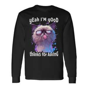 Camiseta de manga larga con diseño de cara de gato, unisex, cuello redondo, impresión digital, talla para adultos - Product Image 1