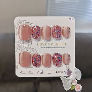 <span class=keywords><strong>Uñas</strong></span> Postizas Cortas Redondas de Color <span class=keywords><strong>Rosa</strong></span> Natural <span class=keywords><strong>con</strong></span> Destellos Rosados, Acabado Brillante, Reutilizables, para Uso Diario y Festivo - Product Image 3
