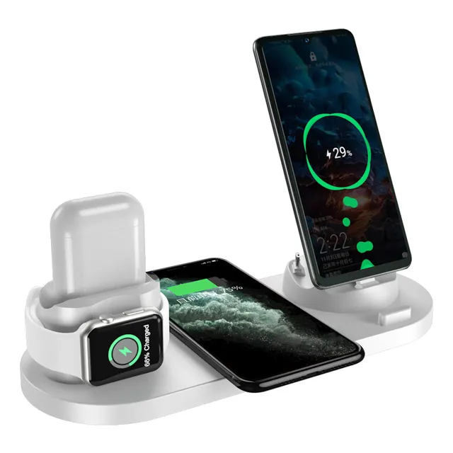 15W 6 em 1 carregador sem fio para iPhone relógio airpods telefones celulares Fast Charging Pad Stand Dock Station
