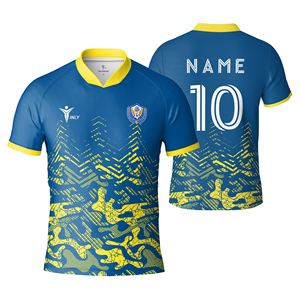 Maillot de football personnalisé bleu et jaune pour enfants, design 2025, respirant, avec col en V - Product Image 1