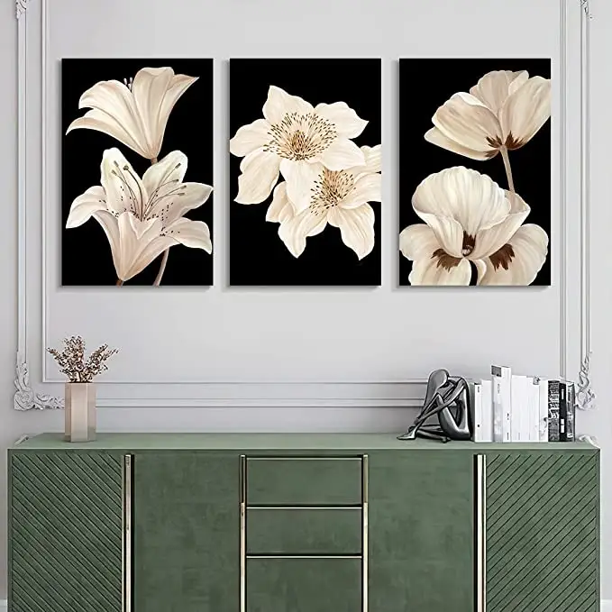 Schwarzweiss-Blumen wand kunst für Schlafzimmer Lily Poppy Blooming Floral Picture Painting Wand dekoration