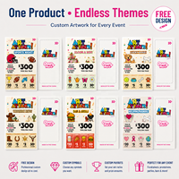 Billets à gratter personnalisés avec motif monstre coloré, conception gratuite, pour collectes de fonds, fêtes, promotions et événements caritatifs