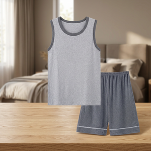 Men's Gray Sleeveless Tank Top Set Crew Neck Knitted Cotton Breathable Casual Summer Wear - Product Image 1