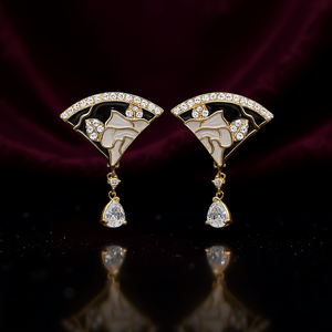 Boucles d'oreilles pendantes de luxe en cristal plaqué or avec motif floral en émail noir et blanc pour femme, bijoux de soirée - Product Image 2