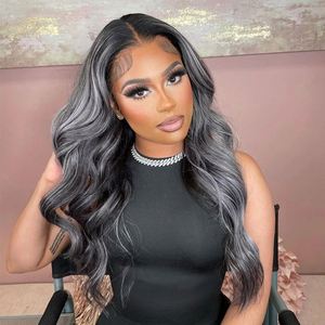Perruque Lace Front en Cheveux Vierges Brésiliens Remy avec Dentelle Transparente Sans Colle pour Couleurs Gris et Noir Naturel, Texture Body Wave - Product Image 2