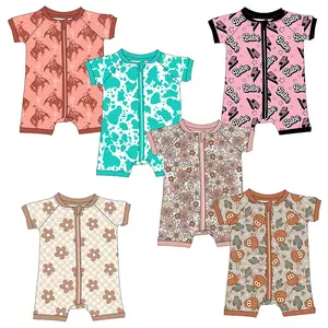 Frühjahr Sommer Kurzarm Shorts Strampler mit Reißverschluss Bambusstoff individueller Druck Baby Einteiliger Pyjama Jungen Mädchen Jumpsuit