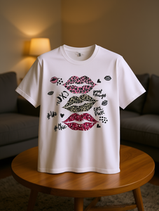 T-Shirt Casual da Donna a Maniche Corte in Puro Cotone con Motivo a Lettere, Girocollo, Vestibilità Regolare, per Tutte le Stagioni, in Tessuto Jersey Stampato - Product Image 2