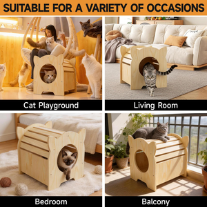 Nichoir pour chat en bois massif respirant à lattes creuses, avec entrée, lit de repos privé, robuste, pour intérieur, toutes saisons - Product Image 5