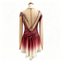 Costume de patinage artistique à manches longues pour enfants et adultes, robe en maille dégradée rouge vin avec strass pour spectacle sur glace et compétition
