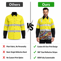 Kemeja Kerja Hi Vis Custom All Over Print Lengan Panjang dengan 360 Strip Reflektif Ganda, Pakaian Kerja Keselamatan untuk Konstruksi