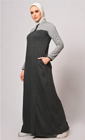 Abaya en jersey color block pour femmes, col montant, demi-boutonnage, manches longues, robe maxi islamique modeste avec poches latérales