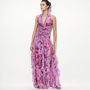 Elegante cuello Halter Floral Ruffle Maxi vestido sin mangas de flores sin espalda Slit Beach Holiday Party vestido largo ropa de mujer - Product Image 1